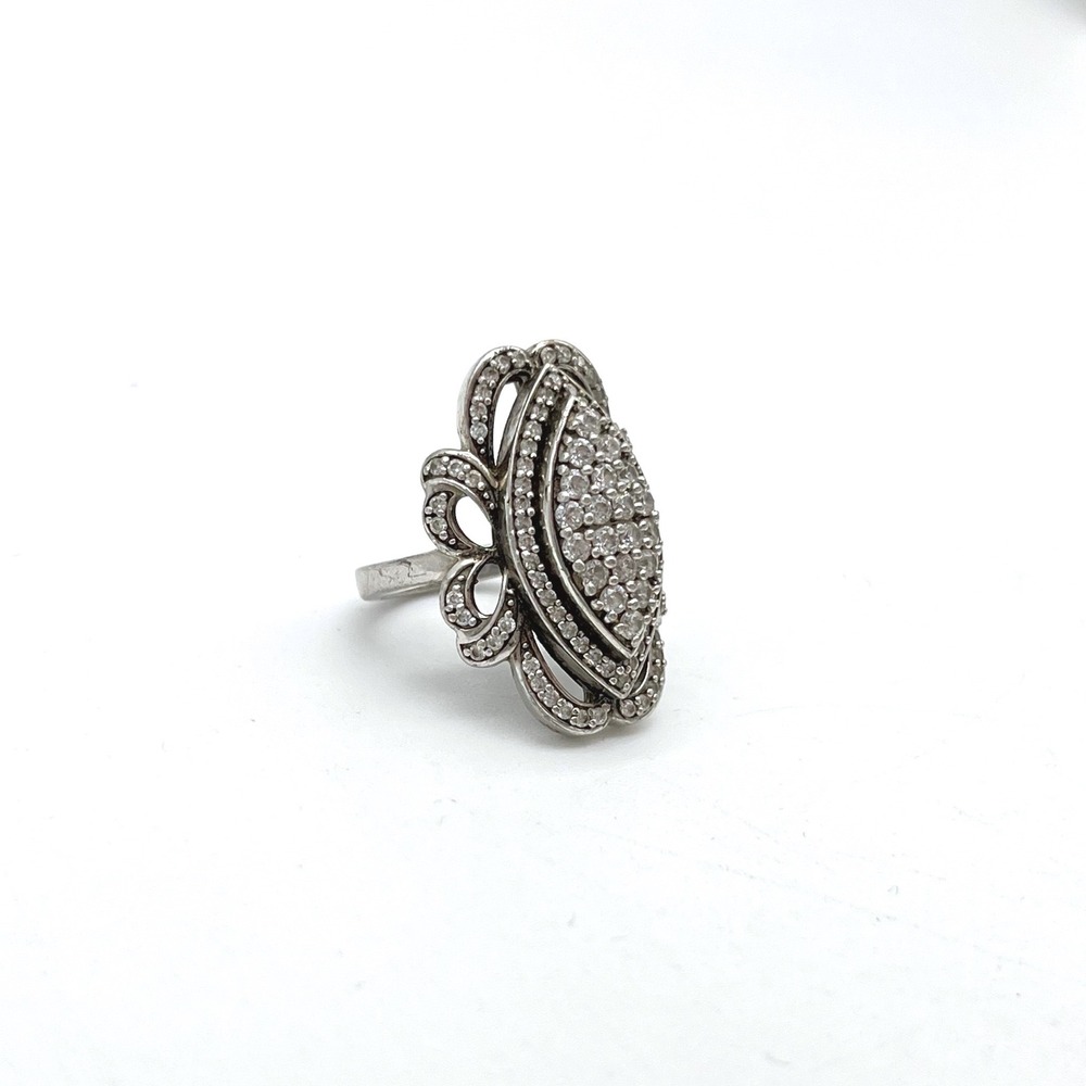 Ornate Marquee Ring Cubic Zirconia Pave Sterling Silver Statement Cocktail Ring